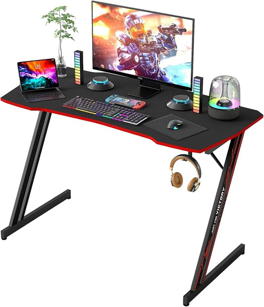 BestOffice 39" Gaming Desk Computer Gaming Desk Z Shaped Gaming Workstation Ergonomic Gaming Table with Headphone Hook for Game Players,Black&Red