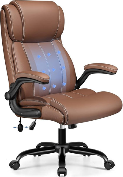 BESTFAIR Ergonomic Office Chair - Home Desk Computer Chair, Leather High Back Executive Chairs with Adjustable Lumbar Support & Flip-up Arms, Rocking Swivel Comfy, Brown