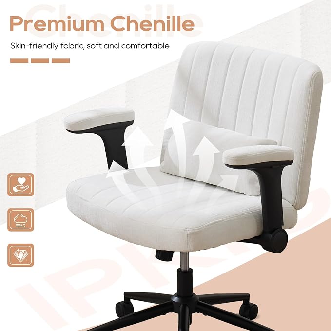 IPKIG Criss Cross Chair with Adjustable Flip-up Arms, Vanity Chair with Wheels, Comfy Desk Chair with Lumbar Pillow Swivel Wide Office Chair for Home Office, Bedroom, Linen, White