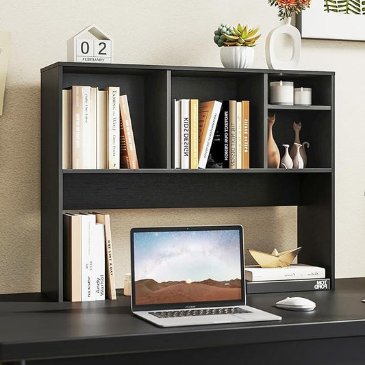 LDAILY Desktop Bookshelf, 2-Tier Office Desk Shelf Organizer Desk Hutch with 4 Shelves, 37’’L Wood Storage Rack Display Shelf for Computer Desk, Office, College Dorm, Bedroom (Black)