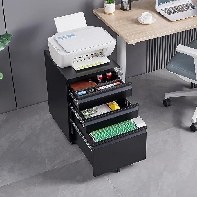 3-Drawer Mobile File Cabinets Black File Cabinet Under Desk Metal Filing Cabinet Rolling Metal Filing Cabinet for Legal and Letter Files with Anti-Tilt Design with Locking Fully Assembled (Black)