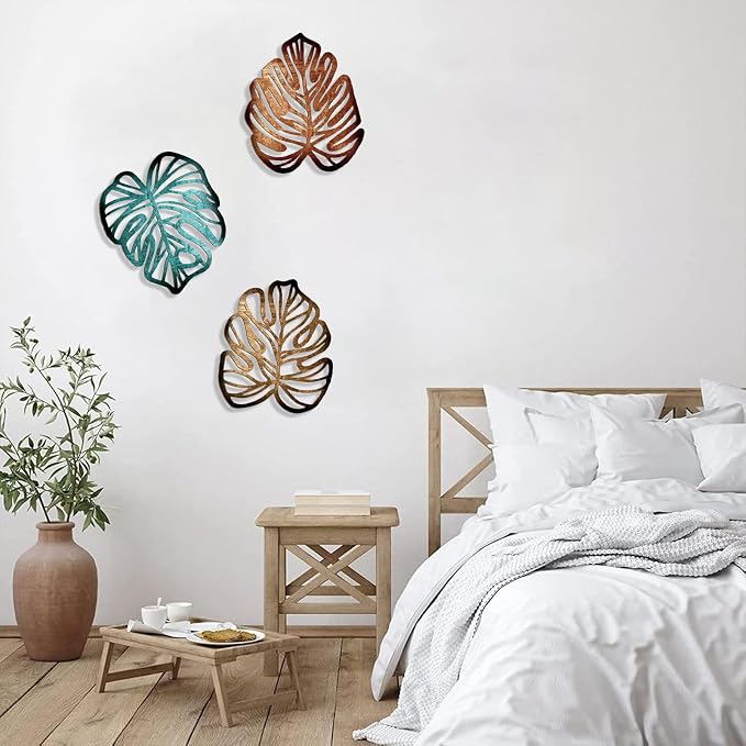 Palm Leaves Wood Wall Decor , 3Pcs Tropical Wall Art Jungle Decor, Wooden Natural Leaves Plant Wall Decor, Vintage Tropical Plant Plaque for Home Living Room Kitchen Bedroom Bathroom & Garden, Blue&Brown