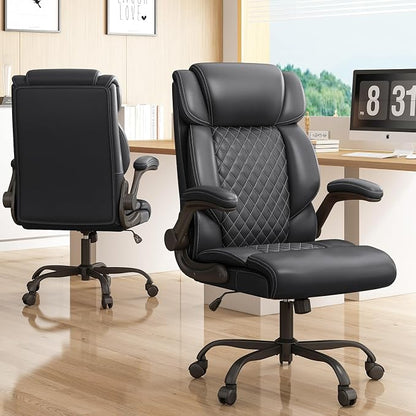 Office Chair-Executive High Back Breathable Big and Tall Office Chair Flip-up Armrests Lumbar Support-Ergonomic Leather Rolling Swivel Chair with Rock Function for Working Studying Gaming,4 Pack
