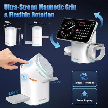 3 in 1 Wireless Charging Station for Apple & Samsung, 25W Fast Magnetic Wireless Charger Stand for Magsafe iPhone 17/16/15/14/13/12 Pro Max, Galaxy S25/24/23/22, AirPods, iWatch (with 45W Adapter)