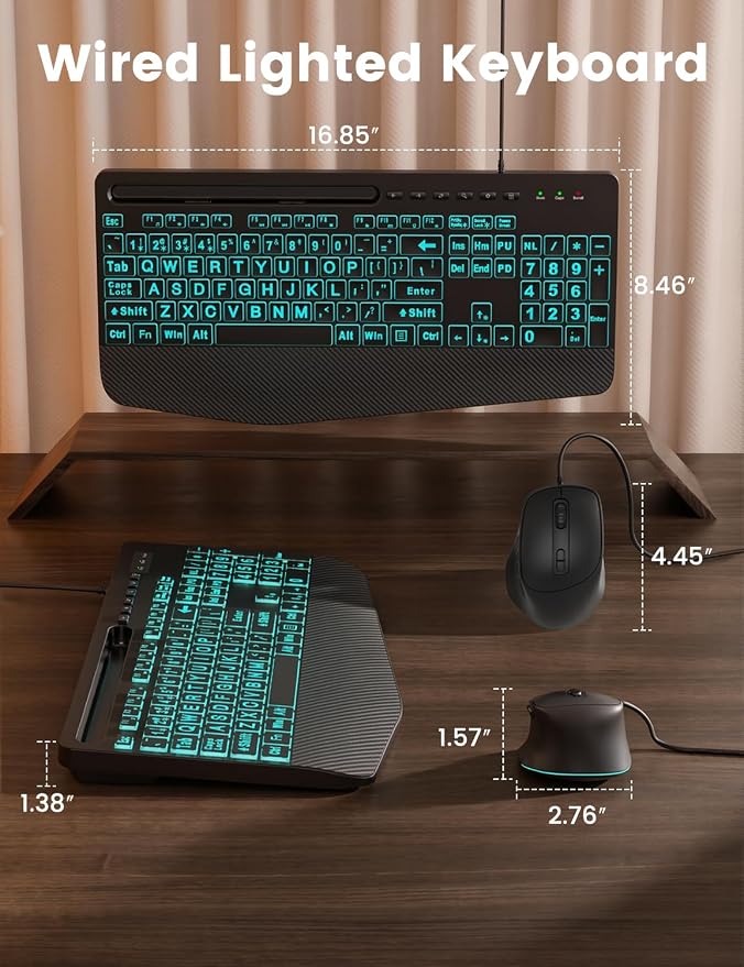SABLUTE KM21Pro Wired Keyboard and Mouse Combo, 4X Larger Print Backlit Keys, Palm Rest, Ergonomic Design, USB Plug & Play for Windows PC Laptop, Ideal for Seniors, Students, Home & Office