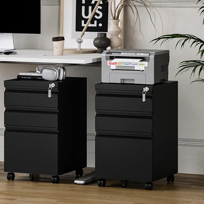 MIIIKO 3 Drawer File Cabinet, Metal Filing Cabinet with Lock Rolling Wheels, Office Storage Under Desk,Deep Drawers for Hanging Legal Letter Fill, Full Assembled Except Casters