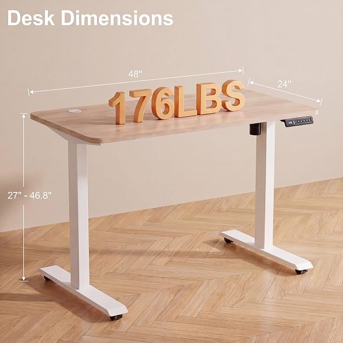 Electric Standing Desk 48 x 24 Inches Adjustable Height Sit Stand Up Desk for Home Office Computer Workstation Memory Preset with Wheels, Oak