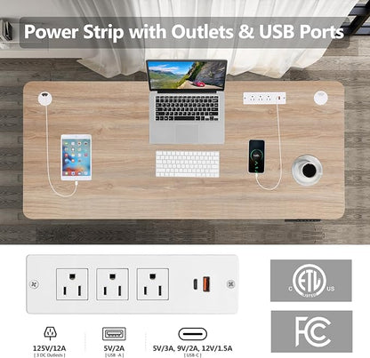 Electric Standing Desk with Power Outlets and USB-C Port, 55 x 24 Inches Adjustable Height Sit Stand Up Desk for Home Office, Adjustable Desk with Memory Preset and Wheels, Oak
