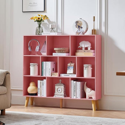 LEYAOYAO 10 Cube Bookshelf,3 Tier Modern Wide Bookcase with Legs,Mid-Century Wood Bookshelves Storage,Light Pink Large Book Case,Freestanding Organizer Display Shelf for Bedroom,Living Room,Office