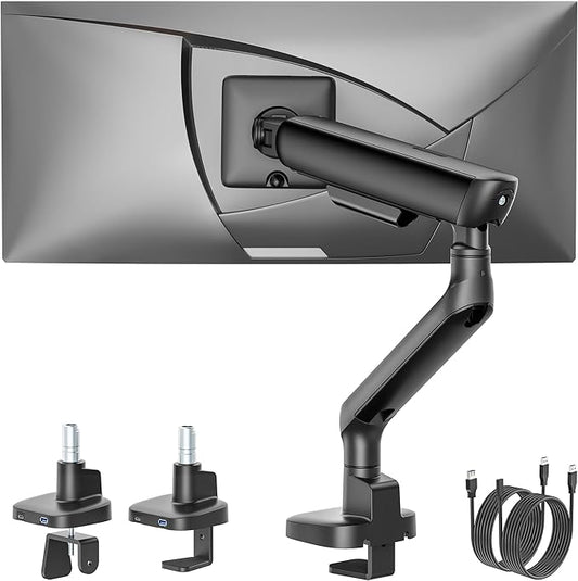 monTEK Single Monitor Arm with USB, Mechanical Spring Monitor Arm for 17-40" Screens, Adjustable Monitor Desk Mount Holds up to 26.4 lbs with C Clamp/Grommet Desk Mount, VESA 75/100mm