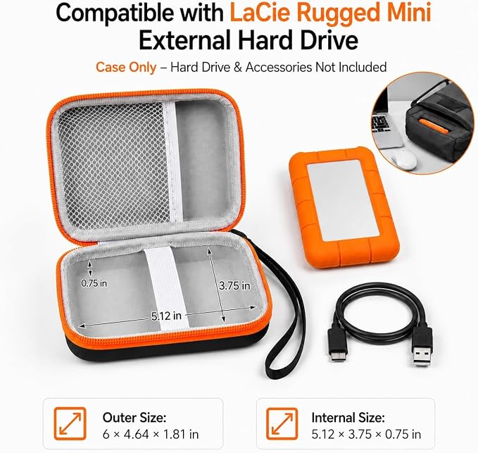 Case Compatible with LaCie Rugged Mini 1TB/ 2TB/ 4TB/ 5TB External Hard Drive Portable HDD, Storage Holder for Hard Drives for Mac and PC Computer & USB 3.0 2.0 Cable SD Cards (Orange)