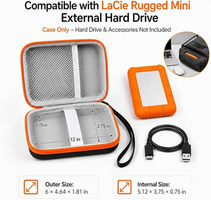 Case Compatible with LaCie Rugged Mini 1TB/ 2TB/ 4TB/ 5TB External Hard Drive Portable HDD, Storage Holder for Hard Drives for Mac and PC Computer & USB 3.0 2.0 Cable SD Cards (Orange)