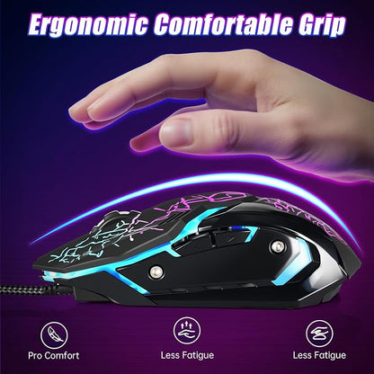 Gaming Mouse, 4 DPI Settings Up to 3600 DPI, Light Up RGB Ergonomic Optical Gaming Mice for Laptop/mac, Computer Wired USB Mouse, 7 Colors LED Backlight, 6 Buttons-Black