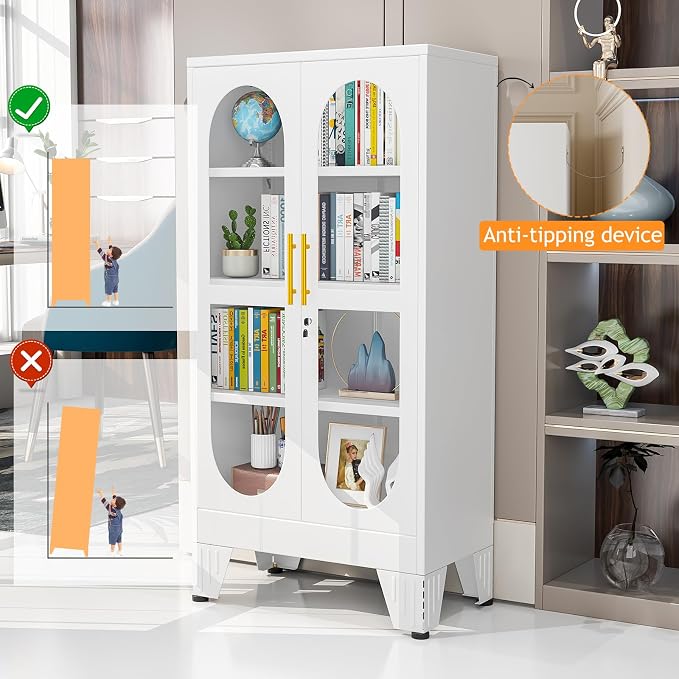 PAOFIN 47" H Locking Display Cabinet with Glass Door, Metal Cabinets with 3 Adjustable Shelves, Cabinet Display Case for Living Room, Collectibles, Clinic, Home - Assembly Required White
