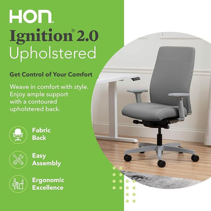HON Ignition 2.0 Ergonomic Office Chair with Adjustable Arms, Advanced Synchro‑Tilt Recline, Upholstered Desk and Computer Chair for Home Office or Workstation, Titanium Frame, Frost