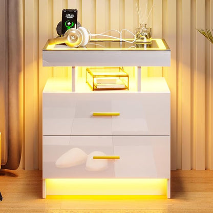 HNEBC LED Nightstand with Charging Station (USB,Type-C Ports) High Gloss Bedside Table with 2 Drawers, Smart Night Stand with Auto Sensor Lights,Modern Bed Side Table for Bedroom (White)