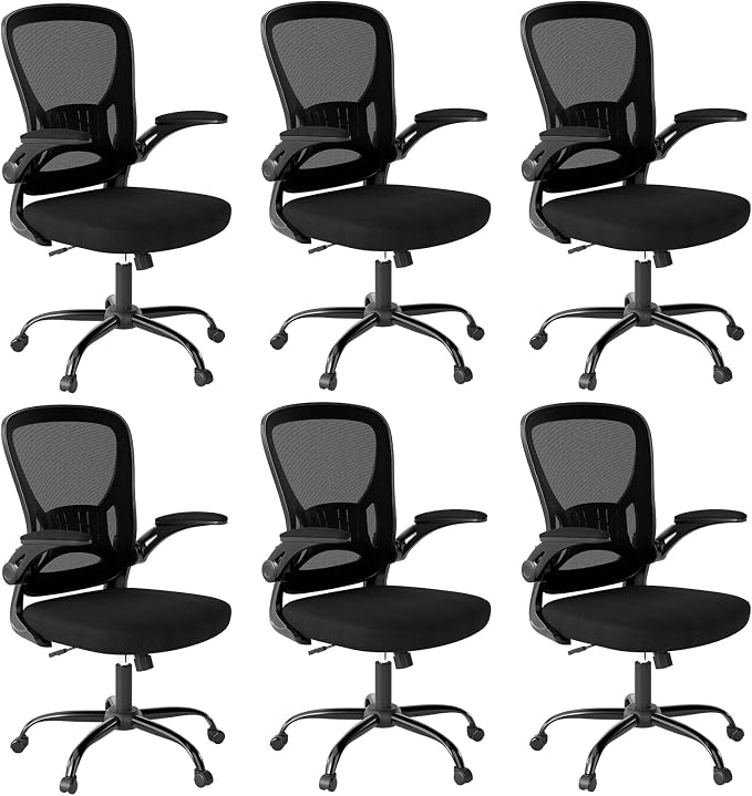 Youhauchair Office Chair Set of 6, Ergonomic Home Office Desk Chairs with Flip-up Arms and Lumbar Support, Height Adjustable, Black