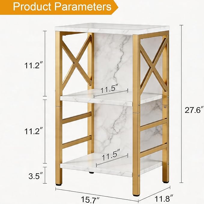 MNEETRUNG Small Bookshelf,3 Tier Industrial Bookcase with Metal Frame and Backboard,Low White and Gold Book Shelf,Book case for Small Spaces,Living Room,Bedroom and Home Office