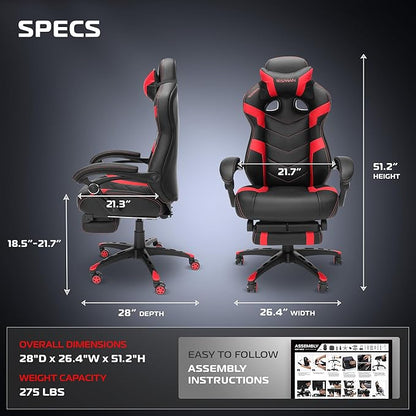 Respawn 110 Pro Ergonomic Gaming Chair with Footrest for Adults - Comfortable Office Gaming Recliner with Lumbar Support and Headrest, Racing Style Video Game Chairs for Computer Gamer - Red