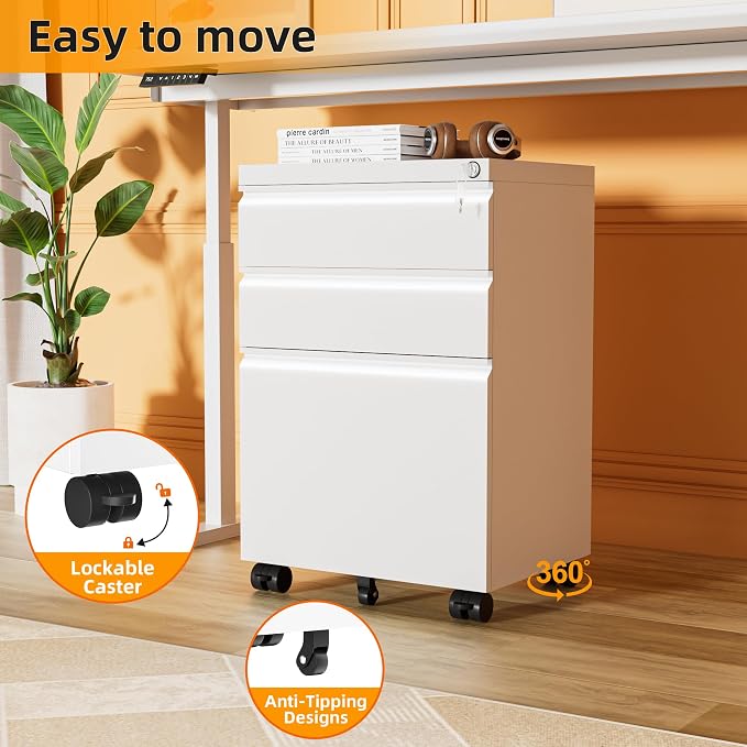 INTERGREAT 3 Drawer Filing Cabinet with Lock, White Mobile File Cabinet with Wheels, Rolling Small Metal Cabinets Under Desk for Home Office, Assembled
