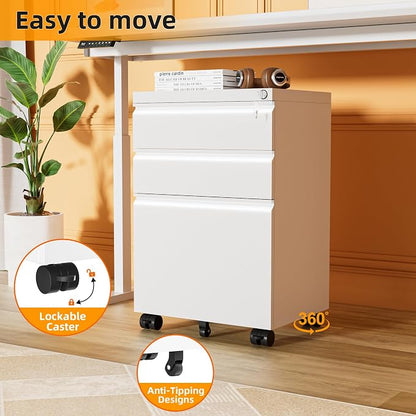 INTERGREAT 3 Drawer Filing Cabinet with Lock, White Mobile File Cabinet with Wheels, Rolling Small Metal Cabinets Under Desk for Home Office, Assembled
