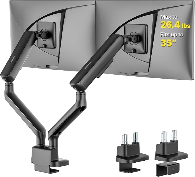 monTEK Mechanical Spring Dual Monitor Arm for 17 to 35" Screens, Aerospace-Grade Aluminum, C-Clamp and Grommet Stand Holding 26.4 lbs Per Arm, Perfect for Ergonomic Office Workspaces, VESA 75/100mm