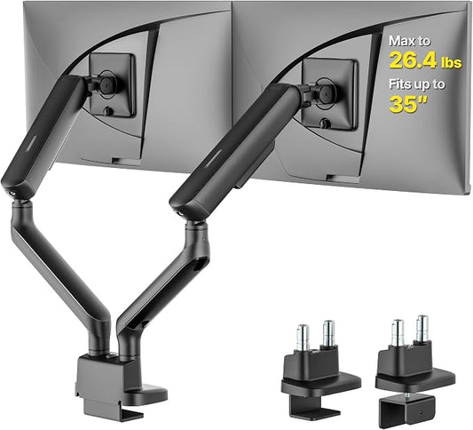 monTEK Mechanical Spring Dual Monitor Arm for 17 to 35" Screens, Aerospace-Grade Aluminum, C-Clamp and Grommet Stand Holding 26.4 lbs Per Arm, Perfect for Ergonomic Office Workspaces, VESA 75/100mm