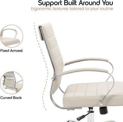 LeisureMod Benmar Leather Office Desk Chair, Mid-Back Ergonomic Swivel Chair with Lumbar Support, Adjustable Height, Tilt Lock, Cushioned Seat & Back, Home Office Task Chair (Tan, Pallet)
