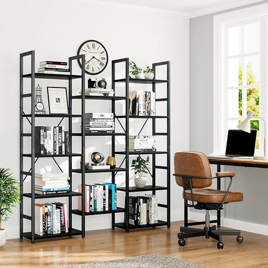 NUMENN Triple Column 5 Tier Bookshelf, Bookcase with 14 Open Display Shelves, Adjustable Rustic Industrial Style Book Shelves, Modern Bookshelves for Bedroom, Living Room and Home Office, Black