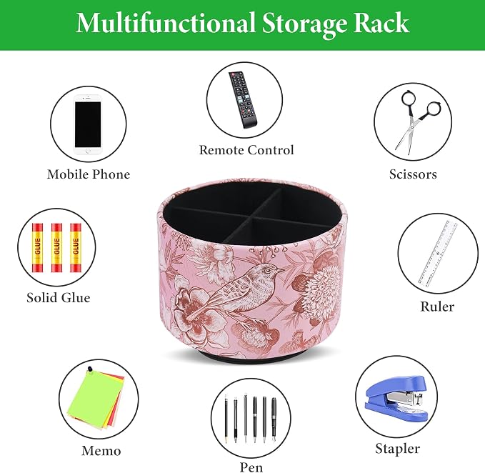 Round Leather Art Supply Organizer,Remote Control Holder,360 Degree Spinning,Multi-Functional Pencil Holder,4 Compartments Desktop Stationary Organizer(1-Pink Bird)