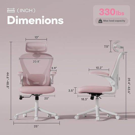 SeekFancy Pink Ergonomic Office Chair with Memory Foam, Computer Desk Chair | M903 Pro, 3D Headrest, 90° Flip-Up Arms, 330LBS Capacity, Lumbar Support, Memory Foam Cushion for Long hours
