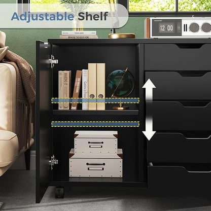 DUMOS 5-Drawer Office Storage File Cabinet Organizer with Wheels, Black | Under Desk Cabinets with Shelves and Door Printer Stand with Wood Board Metal Frame for Home Office Storage Craft Room