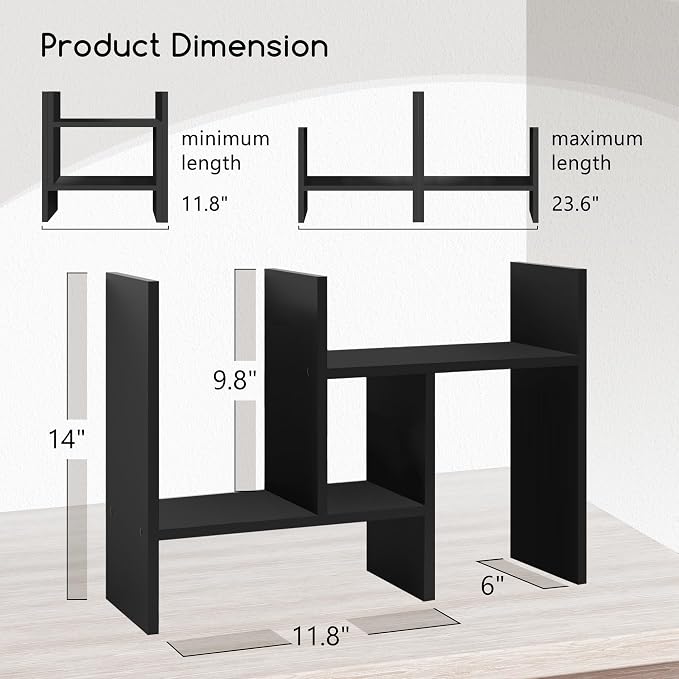 Jerry & Maggie Desktop Organizer Office Storage Rack Adjustable Wood Display Shelf Free Style Double H, Multi-Functional Mini Bookshelf for Desk Natural Stand (Black/2 Pack)