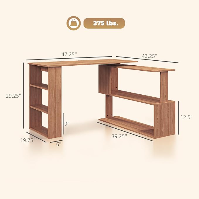 HOMCOM 47 Inch L Shaped Desk, Corner Computer Desk, 360 Degree Rotating Home Office Desk with Storage Shelves, Writing Table Workstation, Teak