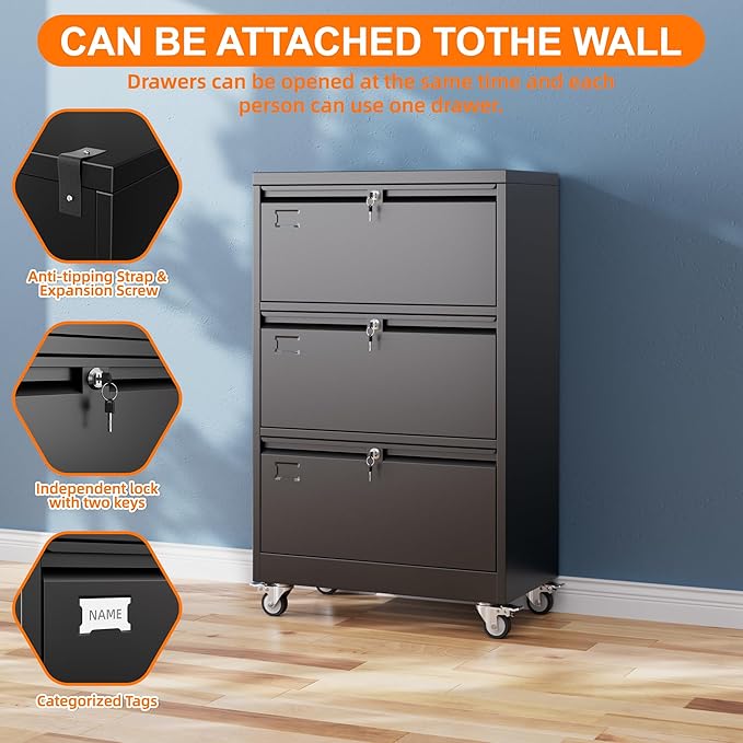 Aobabo 3 Drawer Lateral File Cabinet with Wheels, Lockable Metal Filing Cabinet for Home Office, Legal/Letter Size,Black,Required Assembled