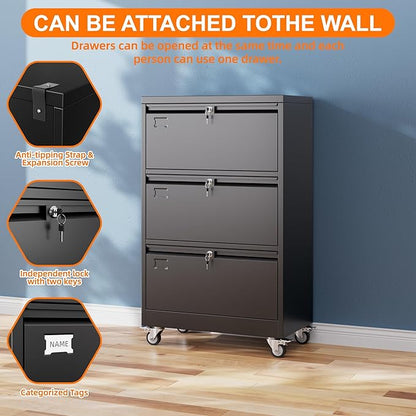 Aobabo 3 Drawer Lateral File Cabinet with Wheels, Lockable Metal Filing Cabinet for Home Office, Legal/Letter Size,Black,Required Assembled