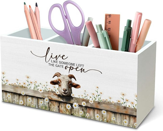DILSJ Goat Inspirational Pen Pencil Holder Organizer for Desk, Gifts for Goat Lovers Women, Live Like Someone Left the Gate Open Wooden Box Signs for Home Office Desk Tabletop Decoration