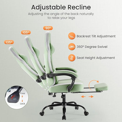 Sweetcrispy Computer Gaming Chair: High Back Ergonomic Desk Chair with Footrest and Lumbar Support, Height Adjustable with Linkage Armrests and Headrest, 360° Swivel Wheels, Fabric, Green