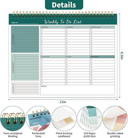 104 Pgs Weekly To Do List Notepad, 52 Duplex-Printed Undated Sheets 100 GSM（8.5"×11") Weekly Desk Planner For Work Home School Office Desk Accessories Supplies & Goal Setting Tasks - Green