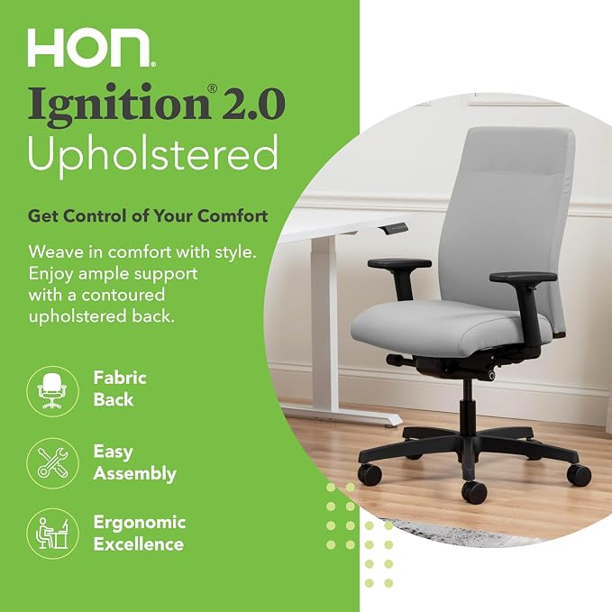 HON Ignition 2.0 Ergonomic Office Chair with Adjustable Arms, Advanced Synchro‑Tilt Recline, Upholstered Desk and Computer Chair for Home Office or Workstation, Black Frame, Fog
