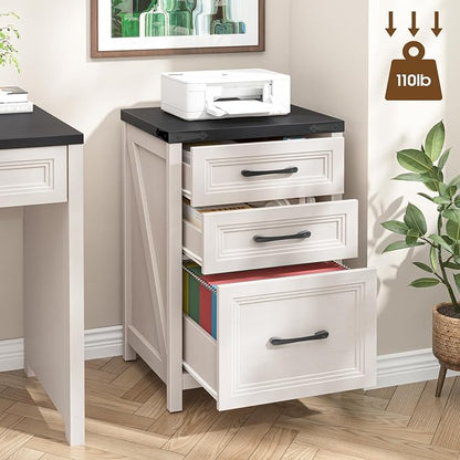 Vabches 3 Drawer Vertical File Cabinet, Farmhouse Wooden Filing Cabinet Fits A4 Letter Size, Under Desk Small File Cabinet, Printer Stand with Storage Organizer for Home Office, White and Black