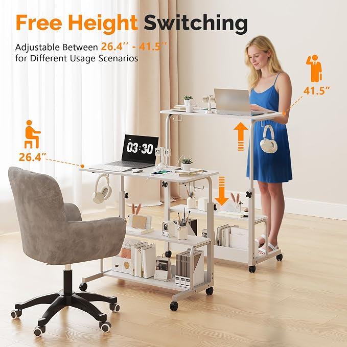 VINGLI 31.5" Mobile Small Standing Desk, Adjustable Height Mobile Computer Desk, w/2 AC Outlets + 3 USB Ports & Hooks, Storage Shelves, Suitable for Gaming, Studying, Home Office, White