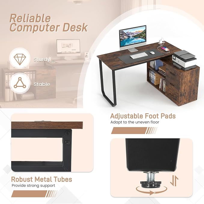 GOFLAME Reversible L Shaped Computer Desk with Charging Station, 55” Home Office Desk with 3 Drawers, 3-Level Adjustable Shelf, Convertible Study Writing Desk for Small Space, Rustic Brown