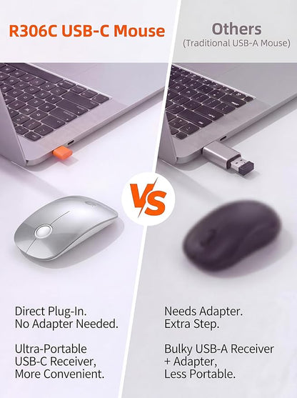 RAPIQUE USB C Wireless Mouse for MacBook Air/Pro, Silvery Slim Mouse, Silent Click, 3-Speed DPI, 480 Hours Battery Life, Portable 2.4GHz Type C Wireless Mouse for USB-C Devices, Laptops, Mac, macOS
