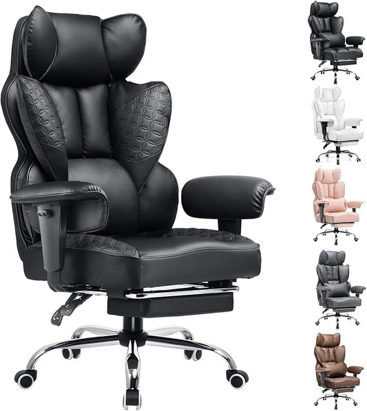 COMHOMA Big and Tall Office Chair Heavy Duty Wide Ergonomic Gaming Chair with Deluxe Embossing Leather with Foot Rest 150°Reclining Adjustable Armrests Pocket Spring Back Support and Without Pillow