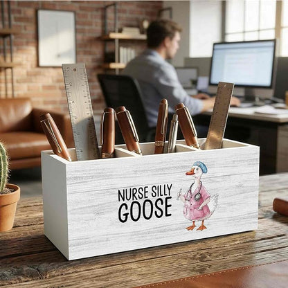 Funny Goose Nurse Office Pencil Pen Holder for Desk Organizer, Nursing Week Gifts, Nurse Appreciation Gifts, Gift for Nurses Female Women Wooden Box Decorations for Office Desk Tabletop Decor