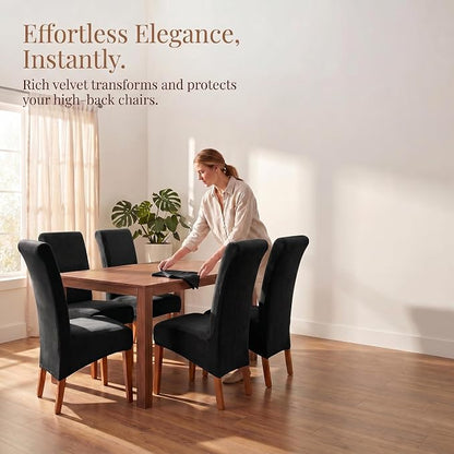 Deisy Dee Stretch XL/Oversized Extra Large Velvet Dining Room Chair Covers for Kitchen Dining，Removable Washable Chair Protectors Slipcovers (Black, 4)