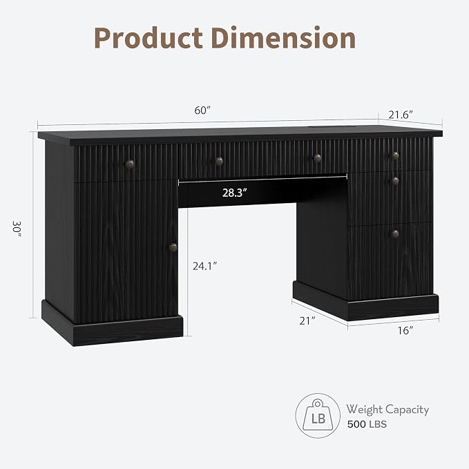 Garvee 60" Office Desk with Storage & Drawers, Fluted Wood Executive Desk with File Drawers & Charging Station, Modern Computer Desk with Adjustable Shelves for Home Office, Black