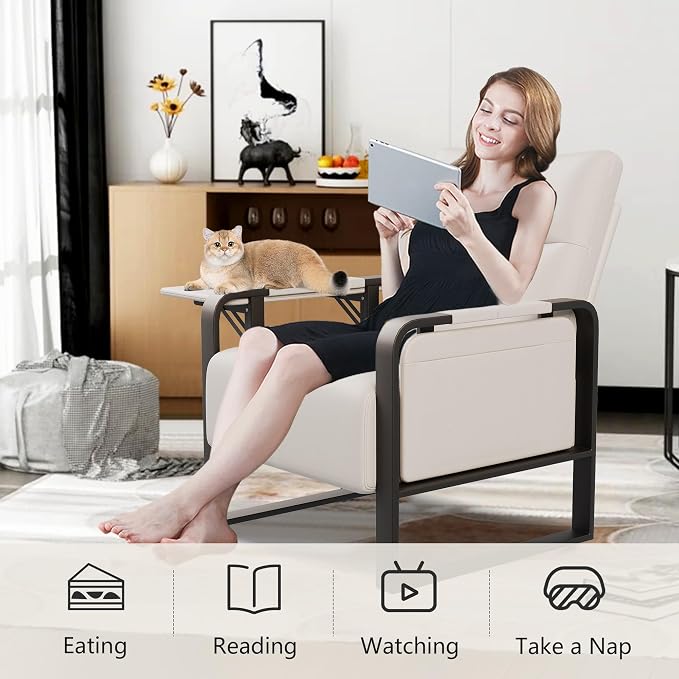 Upholstered Living Room Chair Armchair Set of 2, Mid Century Faux Leather Metal Accent Chair, Reception Couch Office Guest Chair Slipper Club Lounge Single Sofa with Sidetable for Bedroom-Beige
