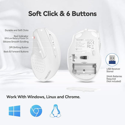 TECKNET Wireless Mouse, 2.4G Ergonomic Optical Mouse, Computer Mouse for Laptop, PC, Computer, Chromebook, Notebook, 6 Buttons, 24 Months Battery Life, 2600 DPI, 5 Adjustment Levels - White